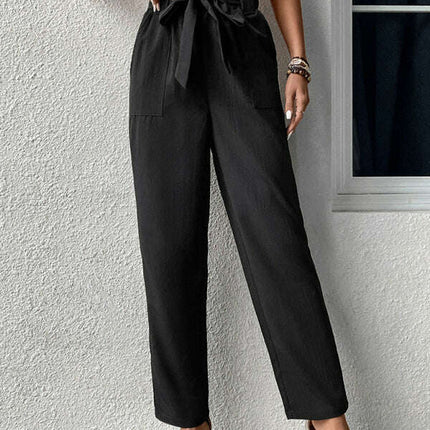 Women High-Waist Tie Belt Loose Pants