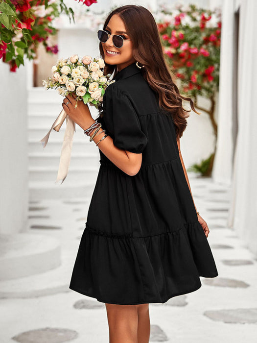 Sophisticated Lapel Collar Puff Sleeve Dress for Fashionable Ladies