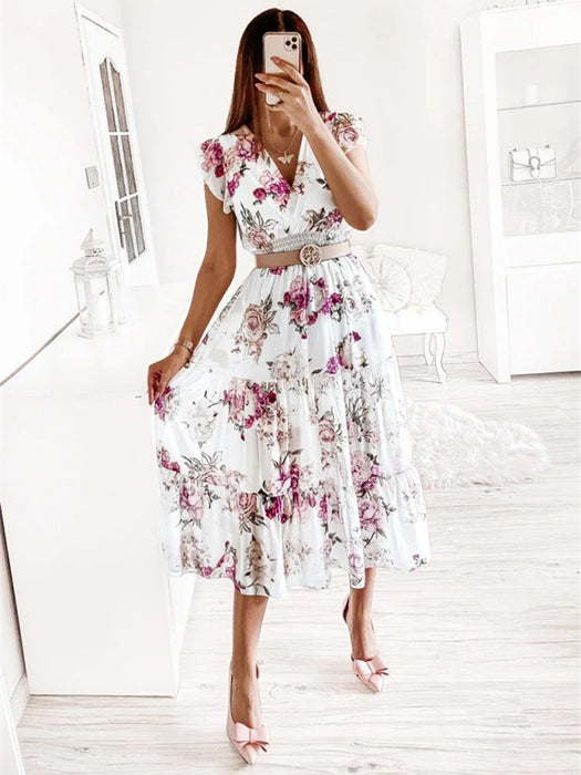 Floral Bliss V-Neck Dress with Charming Ruffled Sleeves