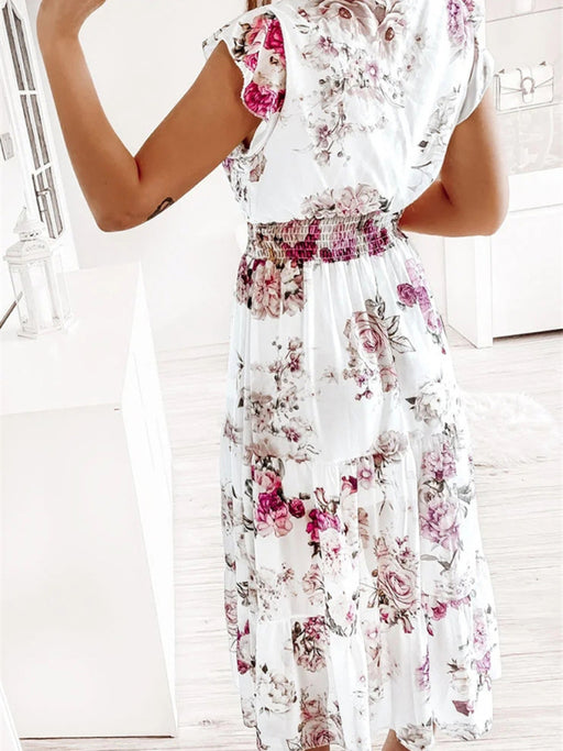 Elegant Floral Print V-Neck Dress with Ruffled Sleeves