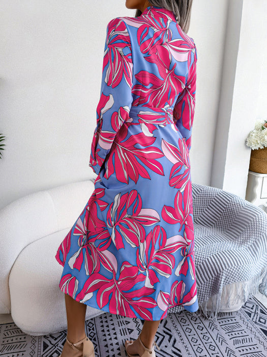Women's Elegant Floral Lapel Shirt Dress