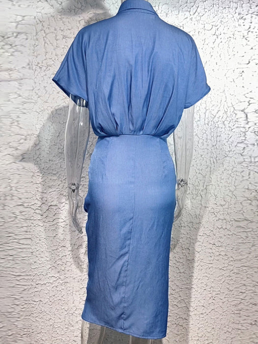 Elegant Lapel Neck Denim Dress with Pleated Waist - Versatile Style for Any Event