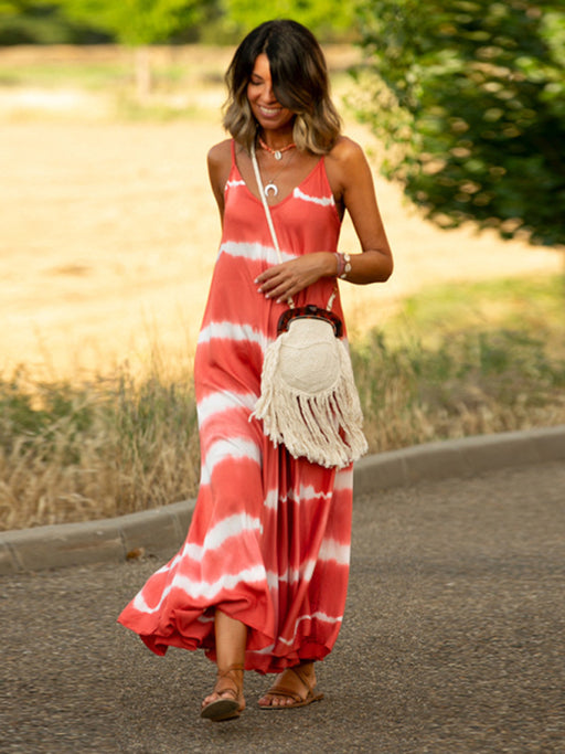 Striped Suspender Swing Dress with Vibrant Tie-Dye Accents