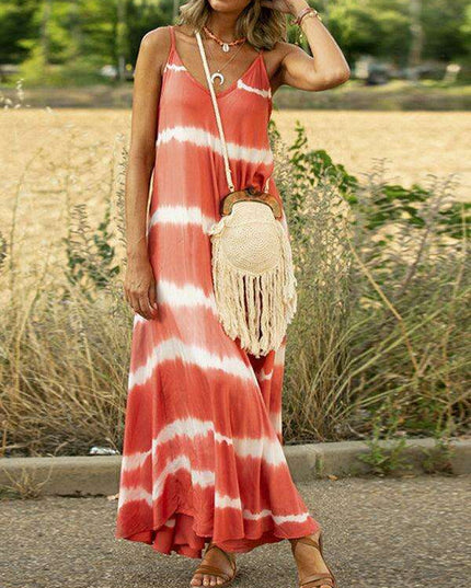 Chic Tie-Dye Striped Swing Dress with Stylish Suspenders and Flattering Silhouette