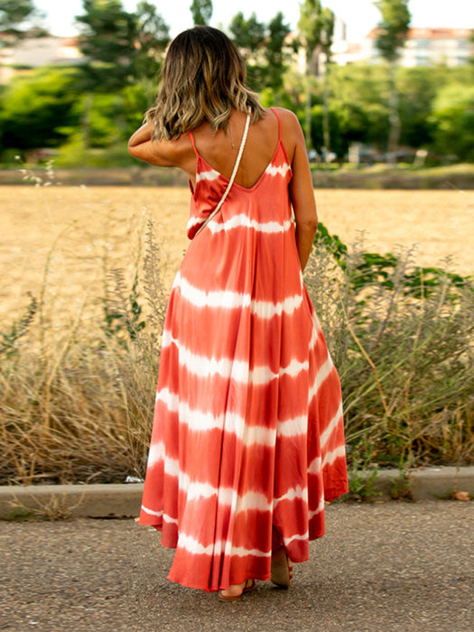 Vibrant Striped Swing Dress with Tie-Dye Detail and Chic Suspender Accent