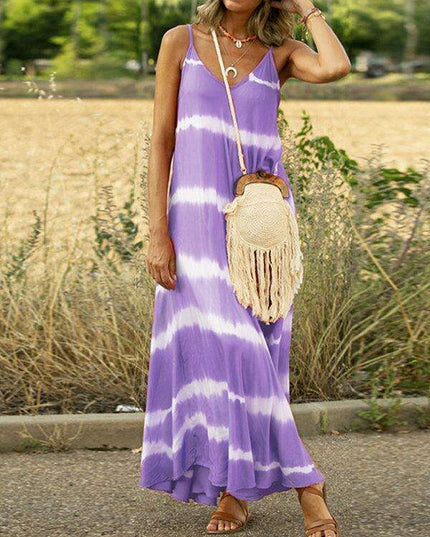 Chic Tie-Dye Striped Swing Dress with Stylish Suspenders and Flattering Silhouette