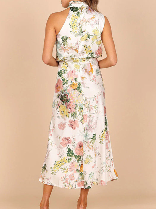 Elegant Printed Satin Halter Neck Dress for Women