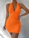 Sultry Backless V-Neck Pleated Mini Dress with Halter Neck for Women