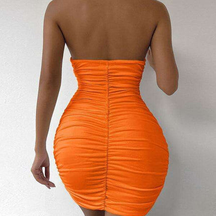 Elegant Backless V-Neck Pleated Mini Dress with Halter Neck for Women