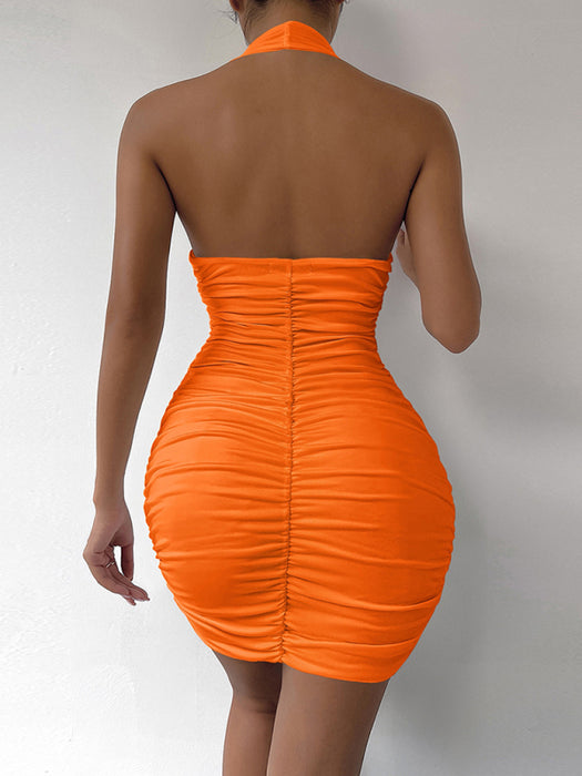 Seductive Halter Neck Pleated Mini Dress with Open Back for Women