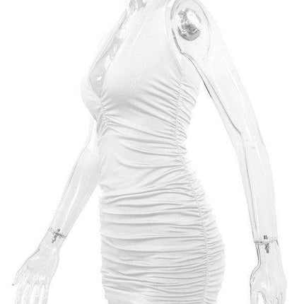 Elegant Backless V-Neck Pleated Mini Dress with Halter Neck for Women