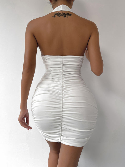 Sultry Backless V-Neck Pleated Mini Dress with Halter Neck for Women