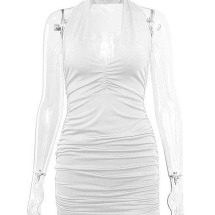 Elegant Backless V-Neck Pleated Mini Dress with Halter Neck for Women
