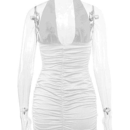 Elegant Backless V-Neck Pleated Mini Dress with Halter Neck for Women