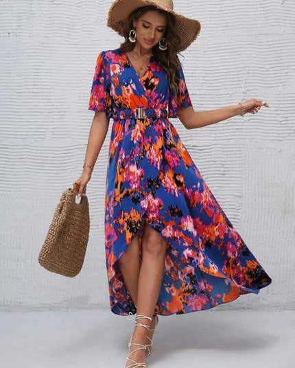 Bohemian Floral V-Neck Summer Dress with Asymmetrical Hem