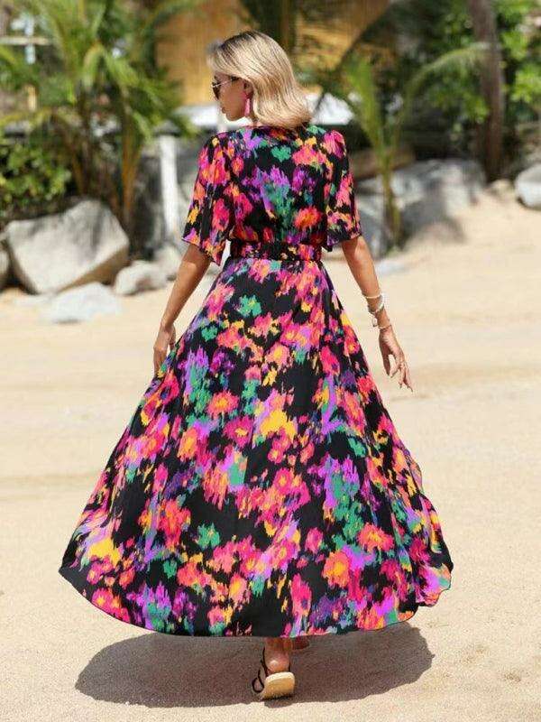 Bohemian Floral V-Neck Summer Dress with Asymmetrical Hem