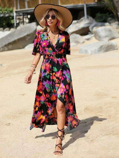 Bohemian Floral V-Neck Summer Dress with Asymmetrical Hem