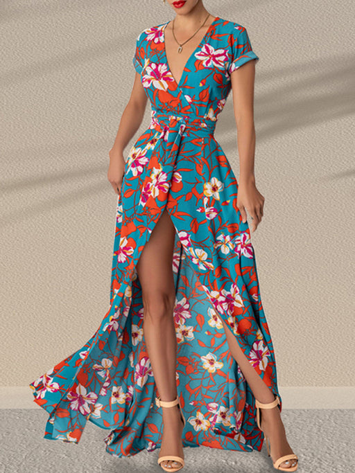 Seductive Lace-Up Printed Waist Slit Dress for Women