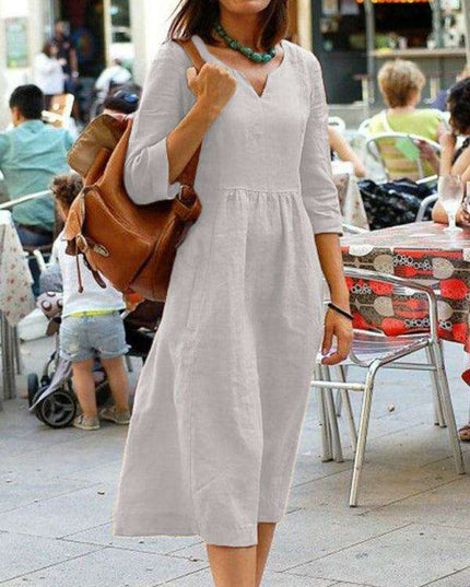 Sophisticated Long Sleeve V-neck Dress in Premium Cotton Blend - A Wardrobe Staple for Women