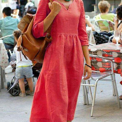 Sophisticated Long Sleeve V-neck Dress in Premium Cotton Blend - A Wardrobe Staple for Women