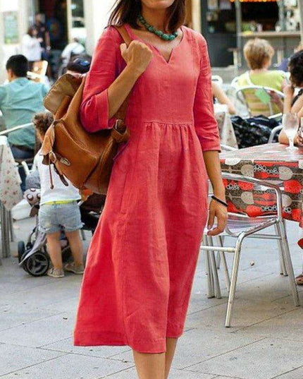 Sophisticated Long Sleeve V-neck Dress in Premium Cotton Blend - A Wardrobe Staple for Women