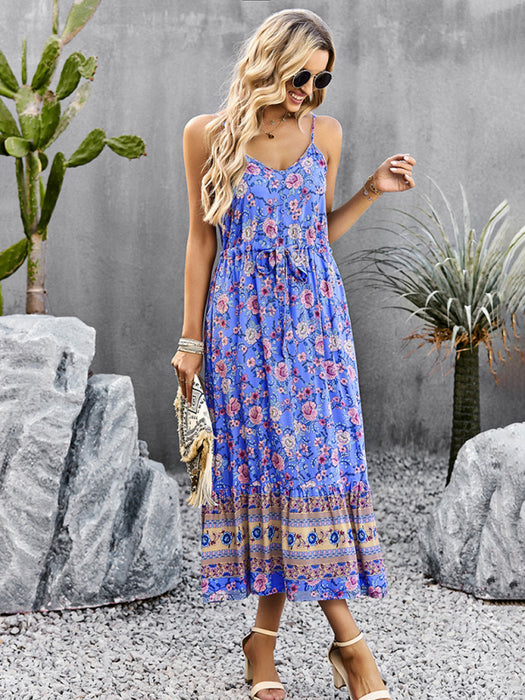 Bohemian Vacation Style Slit Suspender Maxi Dress for Women
