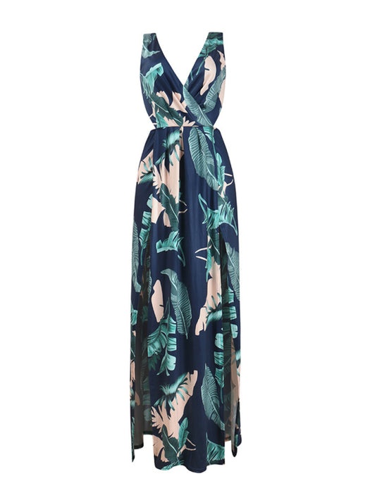 Plant Print Deep V Dress with Open Back and Flirty Slit for Women