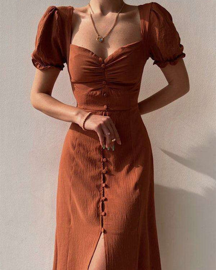 Elegant Puff Sleeve Midi Dress with Heart-Shaped Neckline - Timeless Charm