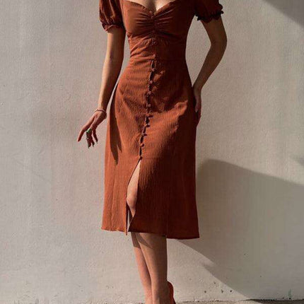 Elegant Puff Sleeve Midi Dress with Heart-Shaped Neckline - Timeless Charm