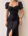 Elegant Sweetheart Neckline Midi Dress with Puff Sleeves - Versatile Chic Fashion Choice