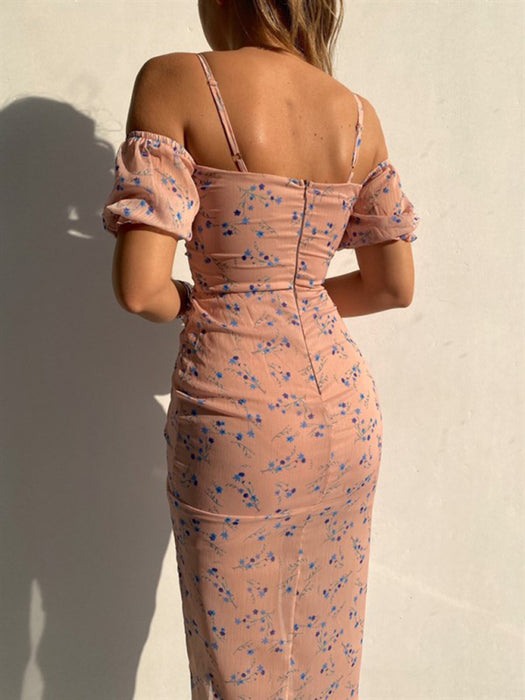 Elegant Flower Printed Single Shoulder Dress for Women