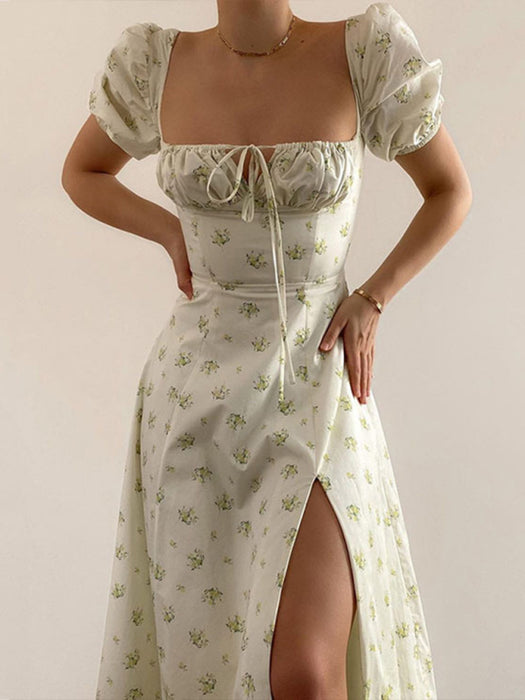 Elegant Floral Puff Sleeve Midi Dress for Women