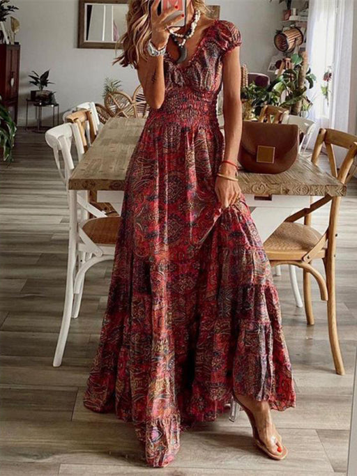Bohemian style new one-piece long dress waist floral print large swing dress