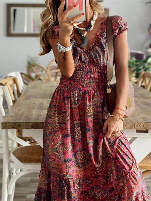Bohemian Floral Print One-Piece Maxi Dress with Waist Tie