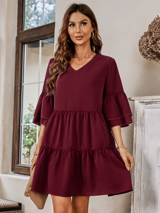 Chic Loose-Fit V-neck Dress in Solid Color - Women's Stylish Attire