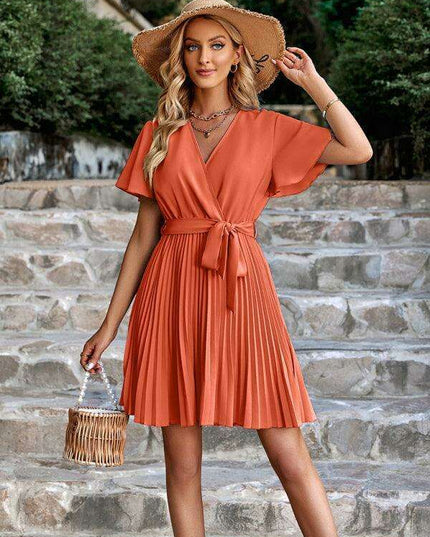 Chic V-neck Pleated Waist Dress with Flared Sleeves - Fashionable Women's Dress