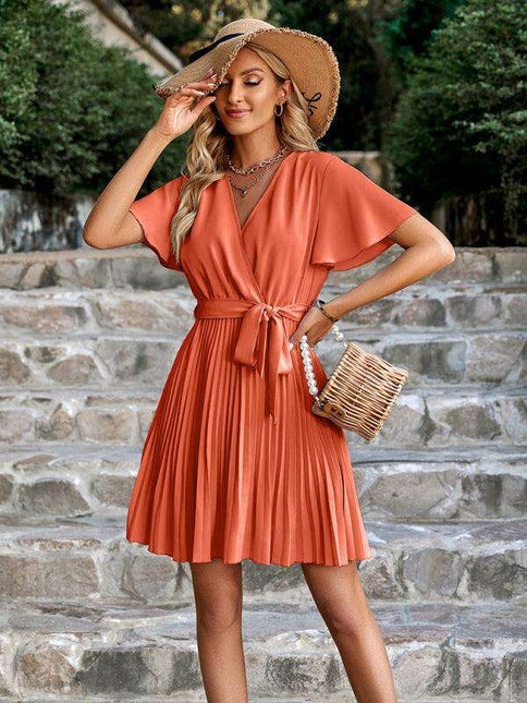 Chic V-neck Pleated Waist Dress with Flared Sleeves - Fashionable Women's Dress