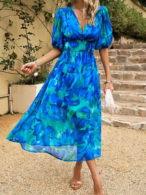 Elegant Waist Bohemian Print V-neck Dress for Holiday Glam