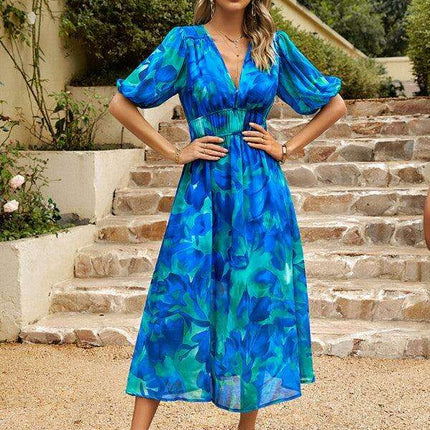 Bohemian Elegance V-Neck Dress with Stylish Waist Accents