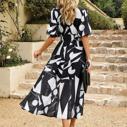 Bohemian Elegance V-Neck Dress with Stylish Waist Accents