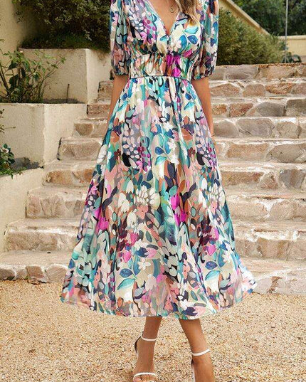 Bohemian Elegance V-Neck Dress with Stylish Waist Accents