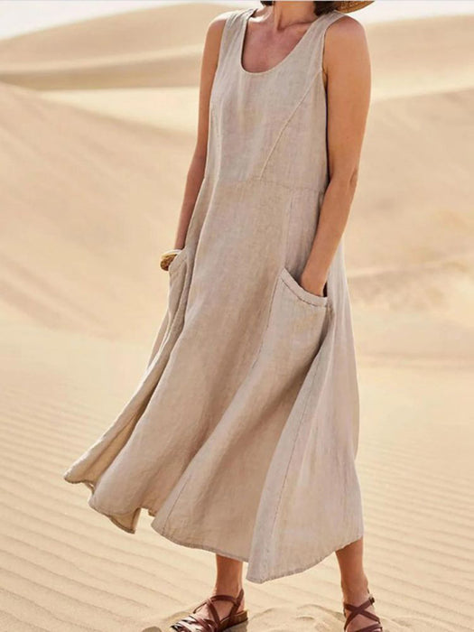 Chic Cotton Linen Sleeveless Dress with Round Neck and Pocket