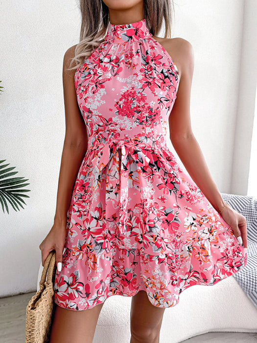 Romantic Floral Lace-Up Ruffle Dress for Women with Elegant Vibes