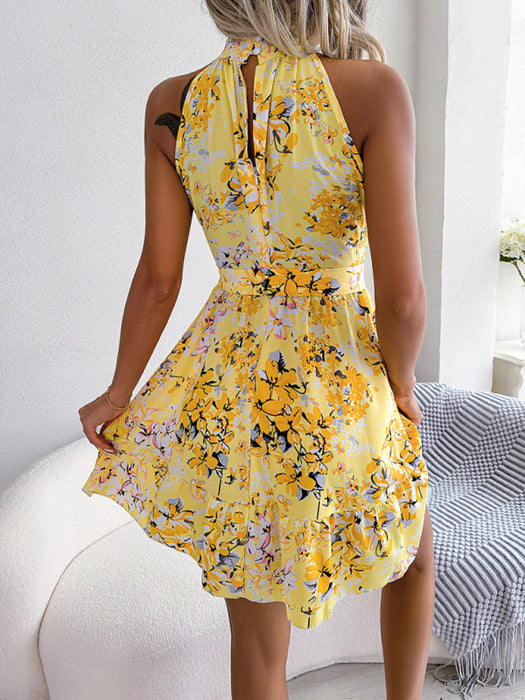 Romantic Floral Lace-Up Ruffle Dress for Women with Elegant Vibes