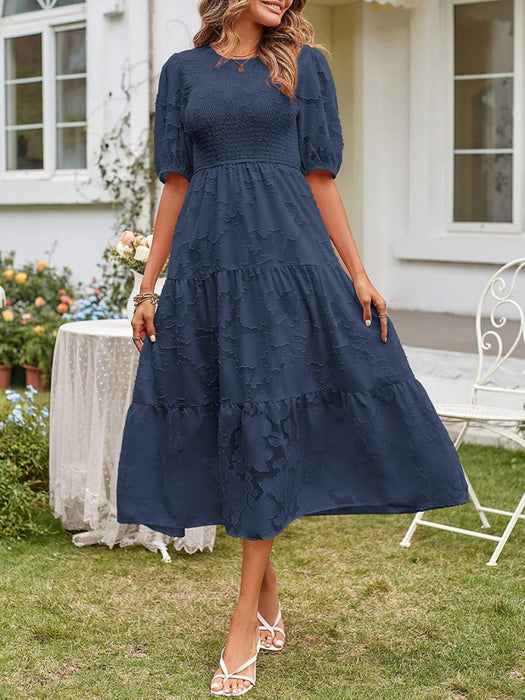 Elegant Solid Color Jacquard Chiffon Pleated Dress - Women's Fashion Choice