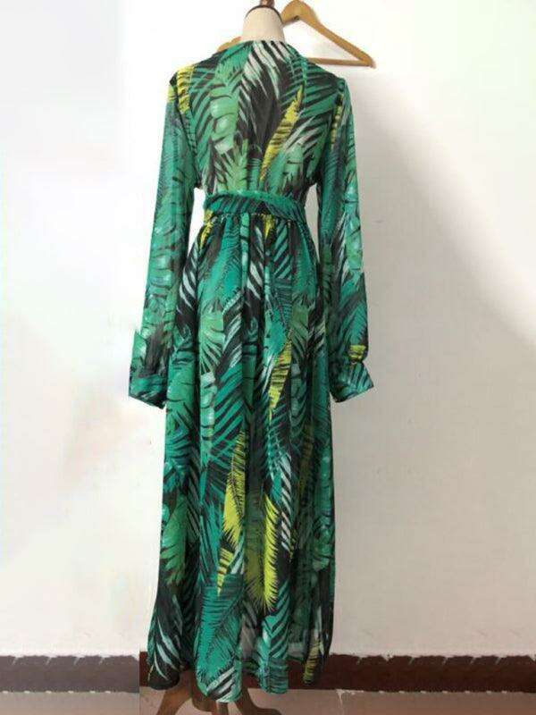 Tropical Elegance: Breezy V-Neck Swing Dress with Lantern Sleeves
