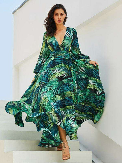 Tropical Elegance: Breezy V-Neck Swing Dress with Lantern Sleeves