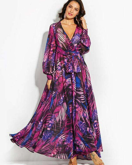 Tropical Elegance: Breezy V-Neck Swing Dress with Lantern Sleeves