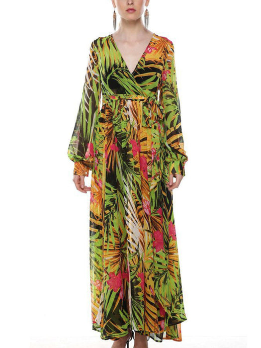 Tropical Leaf Print V-Neck Swing Dress with Lantern Sleeves