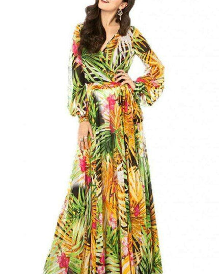 Tropical Elegance: Breezy V-Neck Swing Dress with Lantern Sleeves